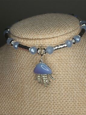 Light Blue Jellyfish Charm Necklace with Faceted Beads